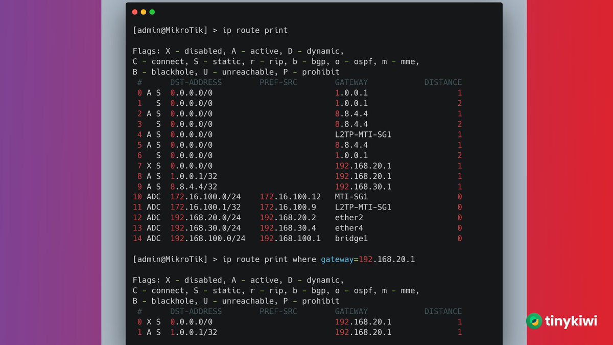 _4dinata's tweet image. Gunakan Ip Route Print untuk menampilkan route table secara lengkap 
dan gunakan ip route print where untuk menampilkan route tertentu
.
#MikrotikTips #MikrotikTutorial #Midteknologi