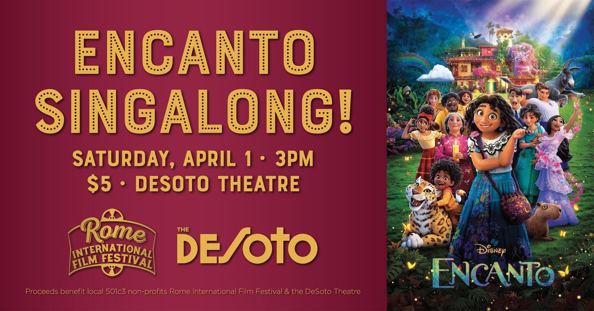 Going to be a LOT of singing about Bruno April 1 at the <a href="/desoto_rome/">DeSoto Theatre Rome</a> at 3 pm.  Join every kid in <a href="/DowntownRomeGA/">Downtown Rome, GA</a> for the Encanto Singalong. Just $5.  Tix here:  riff2023.eventive.org/schedule/640bd… #romega #singalong