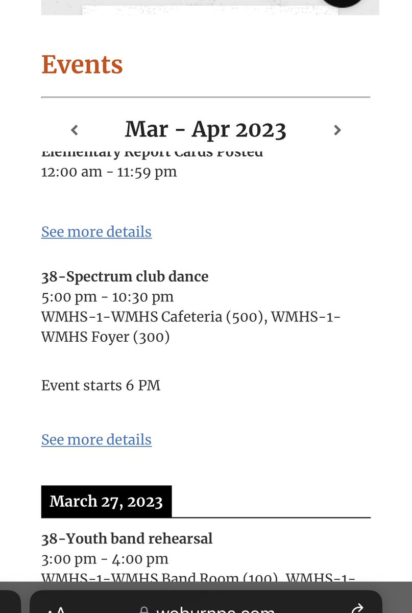 bryucca's tweet image. Woburn High Website: a case study. @WoburnSchools - besides calendar not working on mobile you have “see more details” showing a different date than visible on site. Also 5-10:30 event starts at 6?