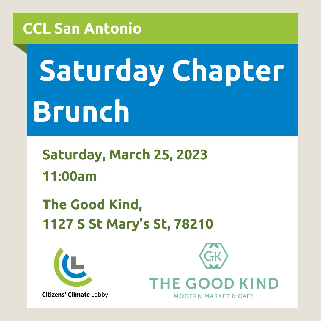 cclsanantonio's tweet photo. It's the end of the month, and you know what that means! Time for our chapter to come together in person for our last Saturday Chapter Brunch! We will be at The Good Kind again this month. We hope you'll come out and see us. 😊🌍 #citizensclimatelobby #ccl #climatechange https://t.co/YNujv5Nm37