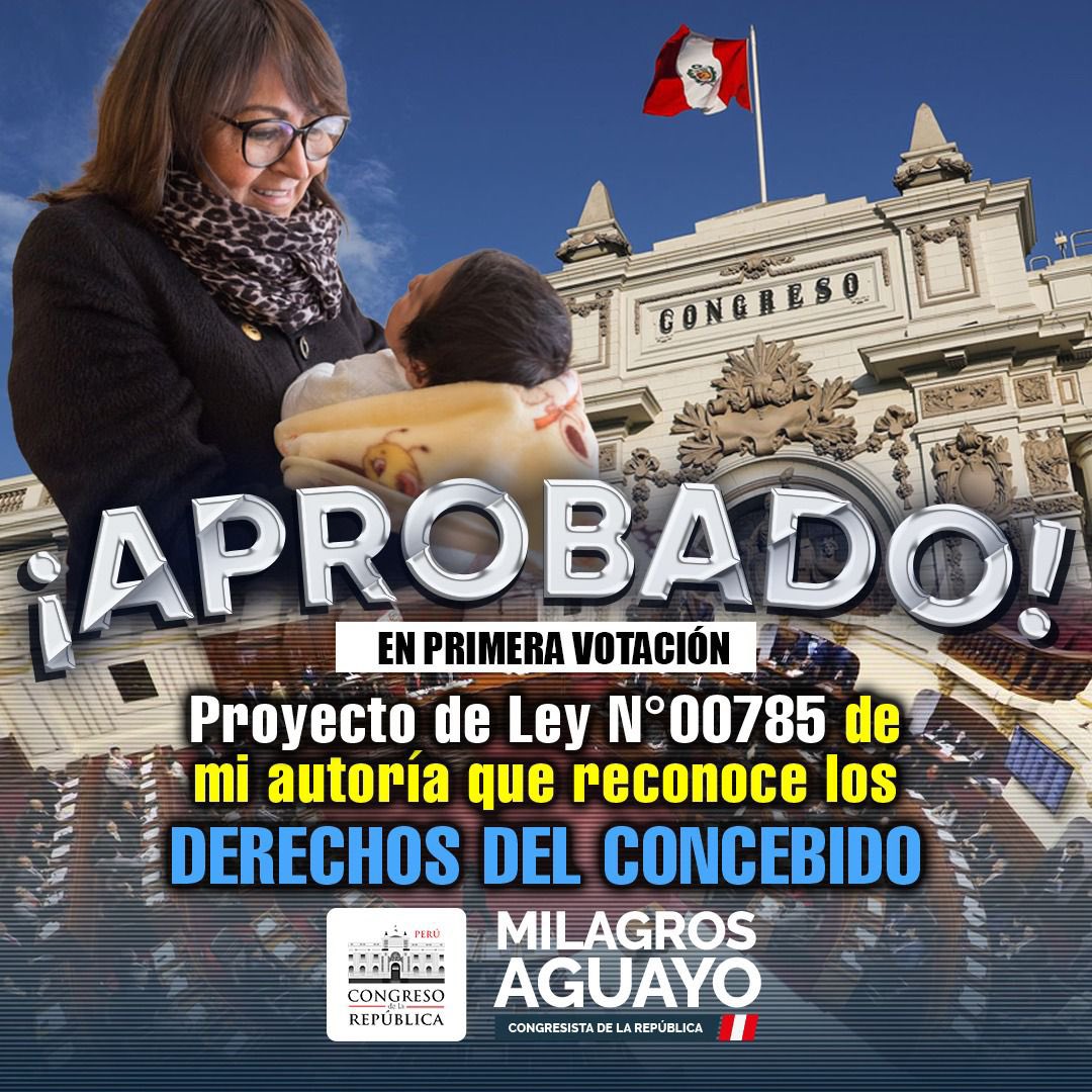 MJAguayo63's tweet photo. 🔵 Se aprobó en primera votación del pleno del @CongresoPeru el proyecto de ley de mi autoría que RECONOCE LOS DERECHOS DEL CONCEBIDO.

Agradezco a Dios por permitirme legislar en favor de la vida y a los congresistas que votaron para la aprobación de esta importante iniciativa. https://t.co/dqtNVWvWqU