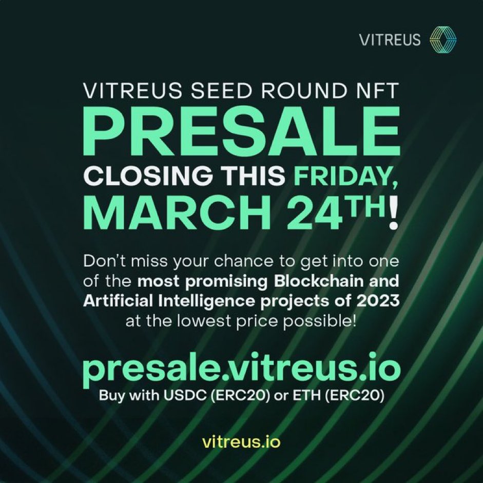 texascryptonian's tweet photo. The @VitreusChain seed round presale ends tomorrow! This is the lowest price that @Vitreus will EVER be.. I am so glad to be in early! #CryptoNews #Cryptos #Cryptocurency #1000xGem #blockchain #Ethereum #cryptocommunity #CryptoTech #BREAKING #fintech #AI #presale #nft https://t.co/WapAQU9RZq