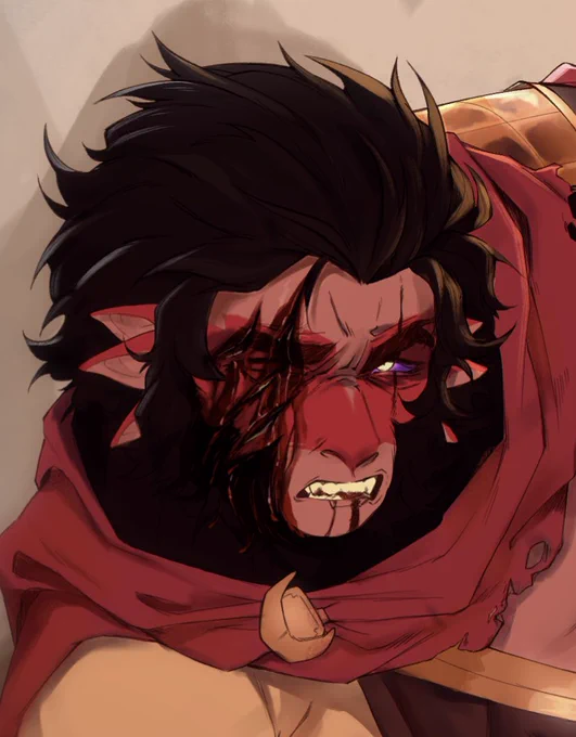 TW // blood and injury ---Fun fact ig? who they're fighting isn't something I planned out but these were caused by 4 extremely sharp blades at the same time :D you can make your own assumptions from there If you look closely you can see his scar underneath on his forehead 