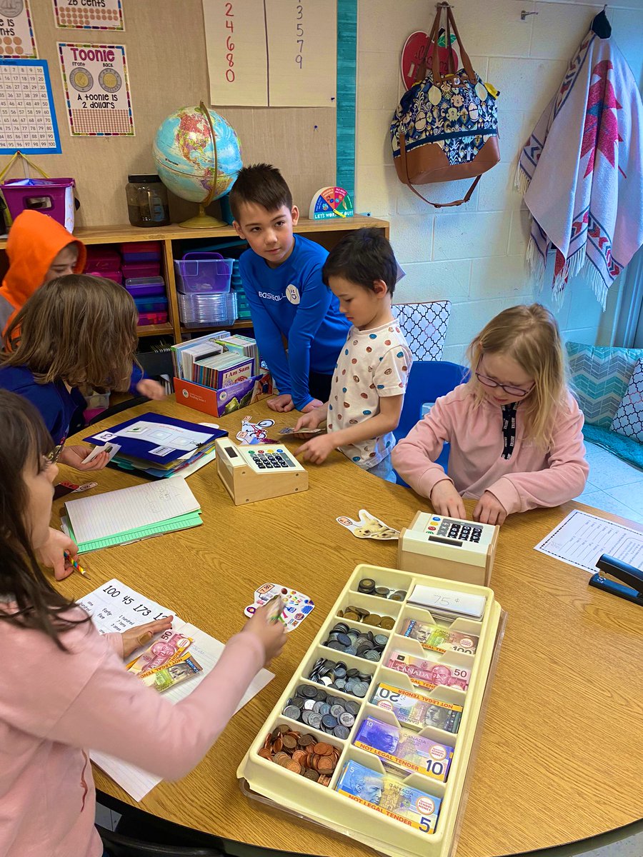 MsPenny14's tweet photo. Today we had lots of fun practicing what we’ve been learning about Canadian money. Students got to choose items around the room and paid at our cashier station to receive their change💰 Students bought puppies, Pokémon cards, and even a trip to DisneyLand✨ https://t.co/edpj3AvKHB