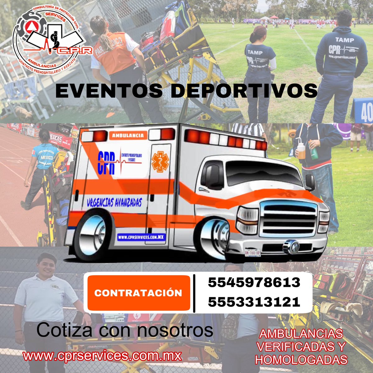 CPRServicesMx's tweet photo. Cubrimos tus Eventos Deportivos

Contamos con Ambulancias Verificadas y Homologadas así como personal capacitado para la atención en tus eventos. 

¡Cotiza con nosotros!

📲5545978613 / 5553313121

👨‍💻https://t.co/YkdjY8Z79R

#cprservices🇲🇽 #AmbulanciasVerificadas https://t.co/8VN1YUn4Mq