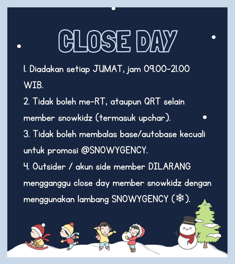 SUBxSNOWY's tweet photo. CLOSE DAY — 24 MARET 2023
09.00 - 21.00 WIB https://t.co/BhLkdGz4Xe