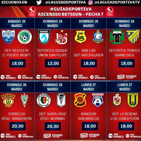 Laguadeportiva1's tweet photo. 🇨🇱 #SeptimaFecha Ascenso Betsson 2023, que se juega entre el sábado 25 y lunes 27 de marzo.
➡️ 3 partido #Exclusivos en Estadio TNT Sports

Programación sujeta a cambios. https://t.co/coffHKDgnM