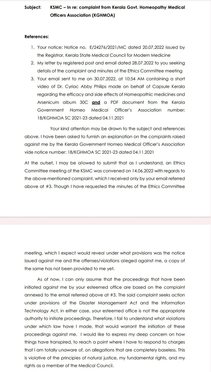 theliverdoc's tweet photo. And the harassment continues.

Received a new summons (which I missed in my spam!) from the Ethics Committee of Kerala State Modern Medical Council (again!) asking me to come in person and convince them why I criticize Homeopathy for the fraud and quackery it is even after giving them a full 5 page scientific reply on the same.

They want me to travel approx 300km, cancelling my hospital work, leaving patients who travel from far away places stranded, to stand before a Committee who has neither confirmed reasons for my summons nor addressed accusations for which I'm tried for, time and again.

The best part of all this drama is, they have NOT confirmed the ethical violation that I am being accused of, have not clarified any allegations (except for a cry baby letter from a Homeopathy Association) and have not confirmed the code of violation I am being investigated for.

The modern medical ethics committee is taken hostage by the Homeopathy community/council and used as a tool to harrass well meaning, pro-public health science-communicator medical doctors. 

Very intimidating that they CCed legal wing also, without telling me legal or ethical violations that I have been accused of! 

Looks like I might have to take the RTI route & approach the Honourable Court for the sake of my patients and practice.