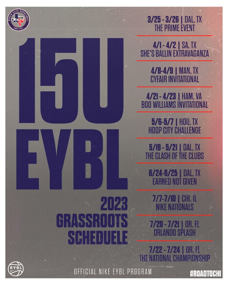 CyFair Elite Sports (@cfelitesports) on Twitter photo As we start our season this weekend in Mansfield, TX, we wanted to release our 15U-17U NIKE EYBL Team schedules!
<a href="/NikeGirlsEYBL/">Nike Girls EYBL</a> <a href="/TDNike/">Tony Dorado</a> <a href="/JillStrad/">Jill Stradley</a>
#CyFairFamily #CyFairElite #2023EYBL #Road2Chi As we start our season this weekend in Mansfield, TX, we wanted to release our 15U-17U NIKE EYBL Team schedules!
<a href="/NikeGirlsEYBL/">Nike Girls EYBL</a> <a href="/TDNike/">Tony Dorado</a> <a href="/JillStrad/">Jill Stradley</a>
#CyFairFamily #CyFairElite #2023EYBL #Road2Chi