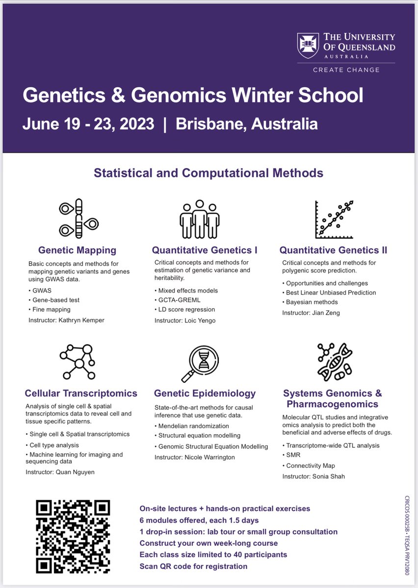JianZengR's tweet image. Join us at our 2nd Genetics & Genomics Winter School in Brisbane, Australia, from June 19-23! This week-long course is open to participants from all over the world. Register now and get more information at hsu.imb.uq.edu.au/genetics-and-g… @PCTGenomics @IMBatUQ