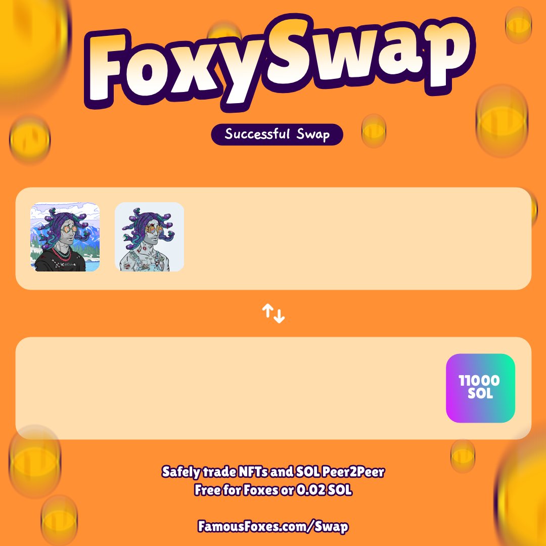 fffsales's tweet image. New swap completed! @FamousFoxFed #FamousFoxes
Use FoxySwap for secure P2P swaps.