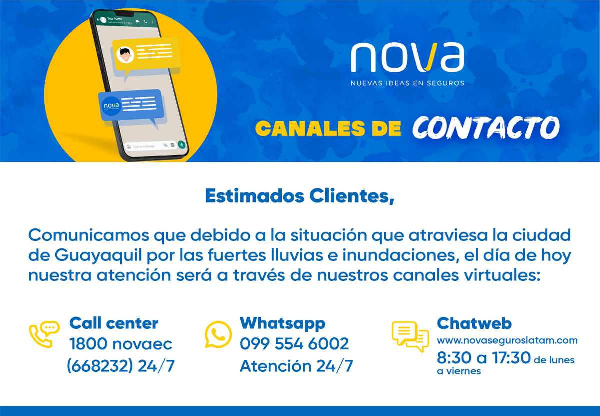 La situación climática actual en #Guayaquil puede ser compleja e incierta. Recuerda que en caso de cualquier inconveniente ponemos a disposición nuestros canales virtuales. Contáctanos aquí:
📱 WhatsApp → bit.ly/WhatsAppNovaEcu 
💻 Página web → bit.ly/WebHomeNovaEc
