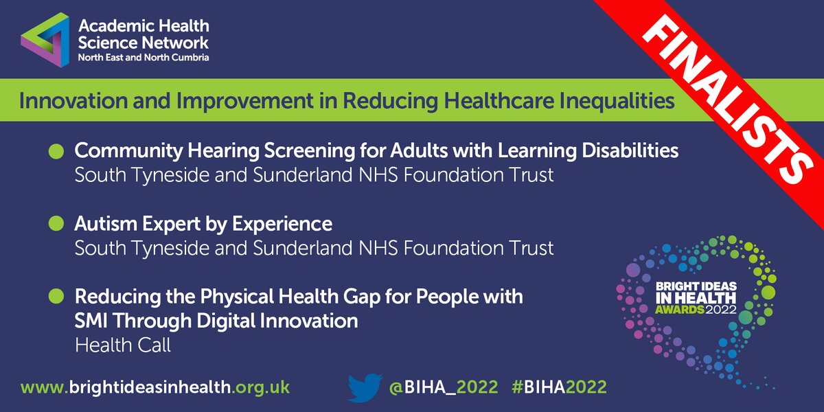 The next award up is ‘Innovation and Improvement in Reducing Healthcare Inequalities’ #BIHA2022 

The finalists are:   
🌟<a href="/STSFTrust/">South Tyneside and Sunderland NHS Foundation Trust</a> 
🌟<a href="/NHShealthcall/">Health Call</a>