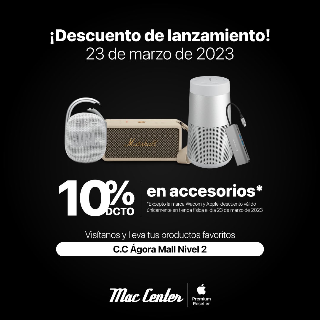 Agoramallrd's tweet photo. Abre tus sentidos a una nueva experiencia. Este 23 de marzo aprovecha en #MacCenter un 10% de descuento en accesorios seleccionados. 

#AgoraMall #Nivel2 #DescuentosAgora https://t.co/lHougpiwHC