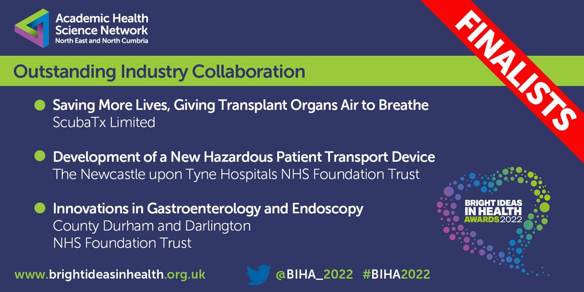 Our sixth award this evening is the ‘Outstanding Industry Collaboration’ award #BIHA2022 

Our finalists are: 
🌟 <a href="/scubatx/">ScubaTx Limited</a>  
🌟 <a href="/NewcastleHosps/">Newcastle Hospitals</a>  
🌟 <a href="/CDDFTNHS/">County Durham and Darlington NHS Foundation Trust</a>