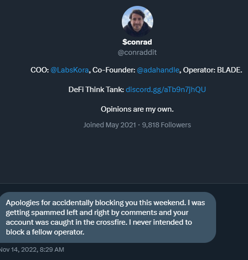 CardanoRetired's tweet photo. Account is always in the Crossfire!

Still Blocked but that is ok!

This is great for one of our favorite token Tests- The #UnblockToken
We could always send an unblock token with a peace message to Conrad- I'm sure he would love the lovelaces and would take it into consideration https://t.co/PWCWlcczO0