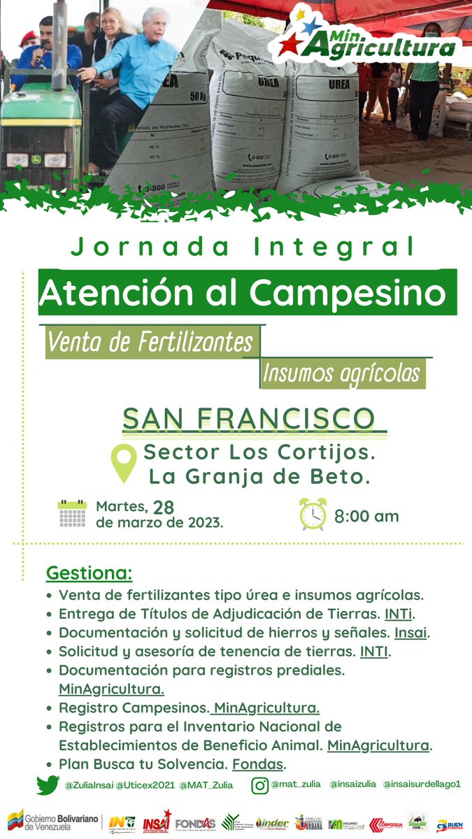 MAT_Zulia's tweet photo. #Atención| 📣 Nos preparamos para llevar una nueva Jornada de Atención al Campesino al mcpio. San Francisco, donde contaremos con la venta de fertilizantes e insumos agrícolas. 
Martes, 28 de marzo.
Sector los Cortijos.
¡Asiste! https://t.co/rGVx2WQx5r
