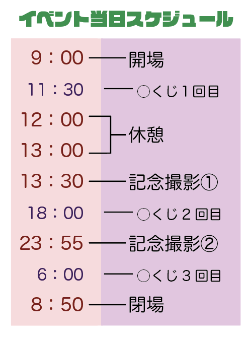 94hiziki's tweet photo. 色々とギリギリになって申し訳ございません…！
当日のスケジュールです。
○くじと撮影会にご参加予定の方はこちらでご確認ください。
また、イベント会場では運営本部にてもご確認いただけます。 https://t.co/wH7hKfCOIx
