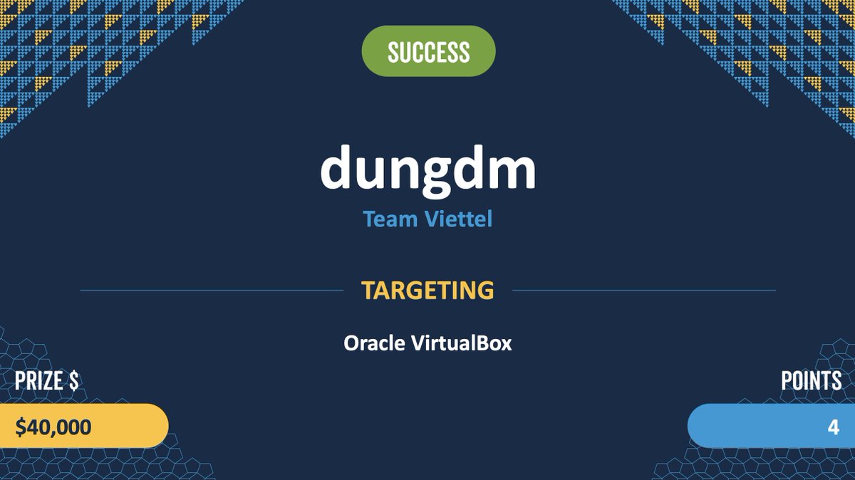 Success! dungdm (@_piers2) of Team Viettel (@vcslab) used an uninitialized variable and a UAF bug to exploit Oracle VirtualBox. They earn $40,000 and 4 Master of Pwn points. #Pwn2Own #P2OVancouver