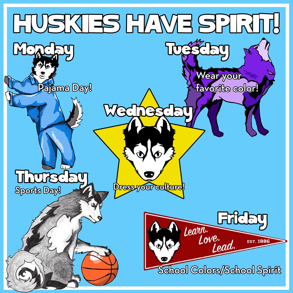 HamlineElem's tweet photo. Huskies have Spirit! We are excited for Spirit Week at Hamline Elementary, March 27th-31st!
Mon: Pajama Day
Tues: Wear your favorite color
Weds: Dress your culture
Thurs: Sports Day
Fri: School Colors (red, white, black)/School Spirit https://t.co/OpaaJqy5ky