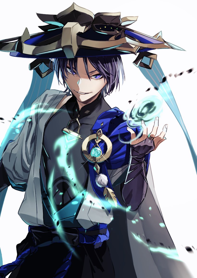 scaramouche (genshin impact) 1boy male focus jingasa hat solo white background vision (genshin impact)  illustration images