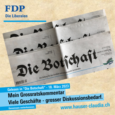 ClaudiaHauser10's tweet photo. Kommentar zur Sitzung des Grossen Rates vom Di. 14. März 23

Mein Kommentar zur GR-Sitzung vom 14. März, publiziert in "Die Botschaft", Ausgabe Sa. 18.03.2023

Nach einer länger https://t.co/AZo3i8vYEL