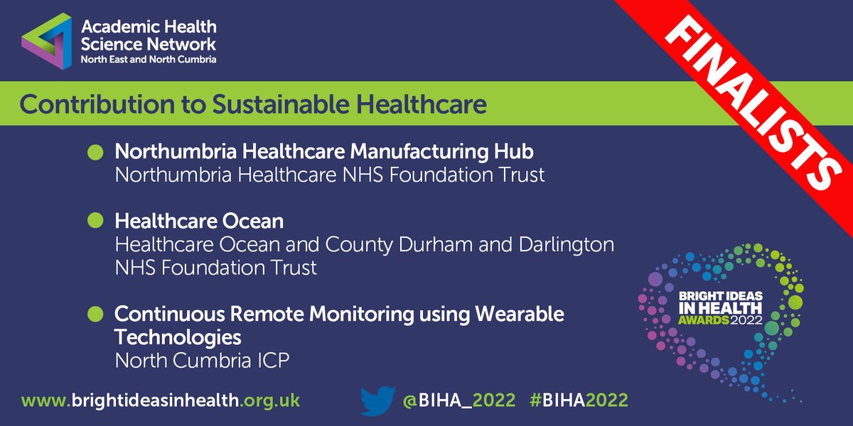 The next award tonight is ‘Contribution to Sustainable Healthcare’ #BIHA2022 

Our finalists are:  
🌟<a href="/NorthumbriaNHS/">NorthumbriaNHS</a> 
🌟 <a href="/oceansandus/">Healthcare Ocean</a> and <a href="/CDDFTNHS/">County Durham and Darlington NHS Foundation Trust</a> 
🌟 <a href="/NHSNorthCumbria/">NHSNorthCumbria</a>