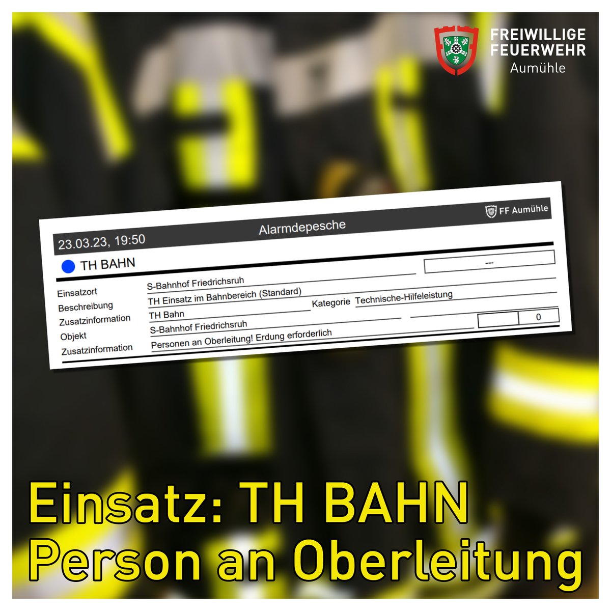 🚒 #EinsatzFw Nr. 017/2023
📅 23.03.2023
⏰ 19:50 Uhr
🚨 TH BAHN - Person an Oberleitung
🚩 Bahnhof Friedrichsruh
🔴 <a href="/ffreinbek/">Feuerwehr Reinbek</a>
⚪️ Rettungsdienst
🔵 Polizei, Bundespolizei
🟠 DB Notfallmanager
----
💻 Einsatzbericht: t1p.de/hun7k
#feuerwehr #aumühle