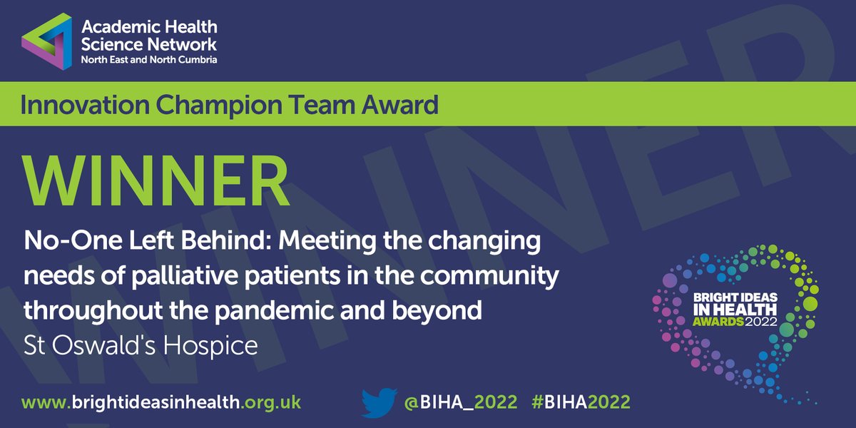 And the winner of the ‘Innovation Champion Team Award’ is… 

🌟 No-One Left Behind: Meeting the changing needs of palliative patients in the community throughout the pandemic and beyond St Oswald's Hospice <a href="/stoswaldsuk/">St Oswald's Hospice</a> 👏 

Congratulations! #BIHA2022