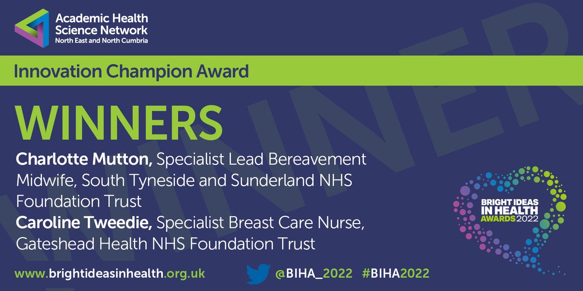 And the winners of the ‘Innovation Champion Award’ are… 

🌟 Charlotte Mutton, Specialist Lead Bereavement Midwife <a href="/STSFTrust/">South Tyneside and Sunderland NHS Foundation Trust</a> 👏 

🌟 Caroline Tweedie, Specialist Breast Care Nurse <a href="/Gateshead_NHS/">Gateshead Health NHS Foundation Trust</a> 👏 

Congratulations both! #BIHA2022
