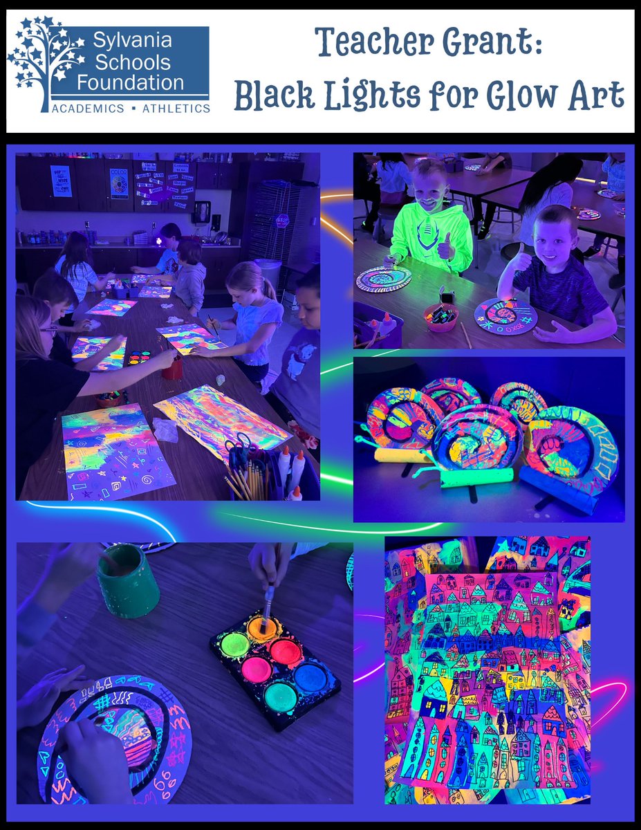 We LOVED receiving these photos of students and their glow artwork! Highland Elementary Art Teacher Jessie Cancio received a teacher grant in the fall to purchase black lights to use with fluorescent paint. #creativity #arteducation #teachergrants