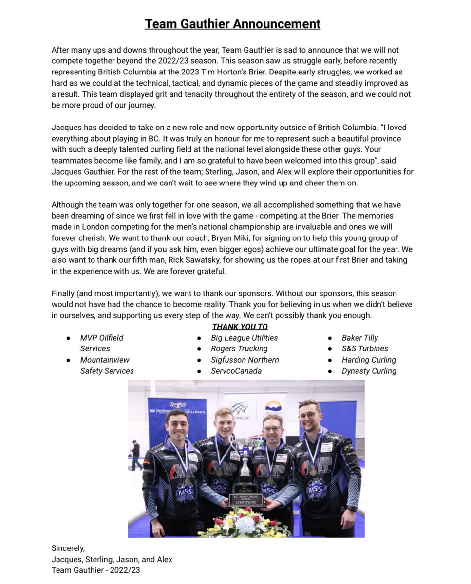 VanAmCurling's tweet photo. TEAM ANNOUNCEMENT

After careful deliberation, Team Gauthier is sad to announce that we will not be competing together beyond the 2022/23 season. 

Thank you to our sponsors for supporting us this year - we couldn’t have done it without you!

Full statement provided below 👇 https://t.co/KNhnEO0Q0V