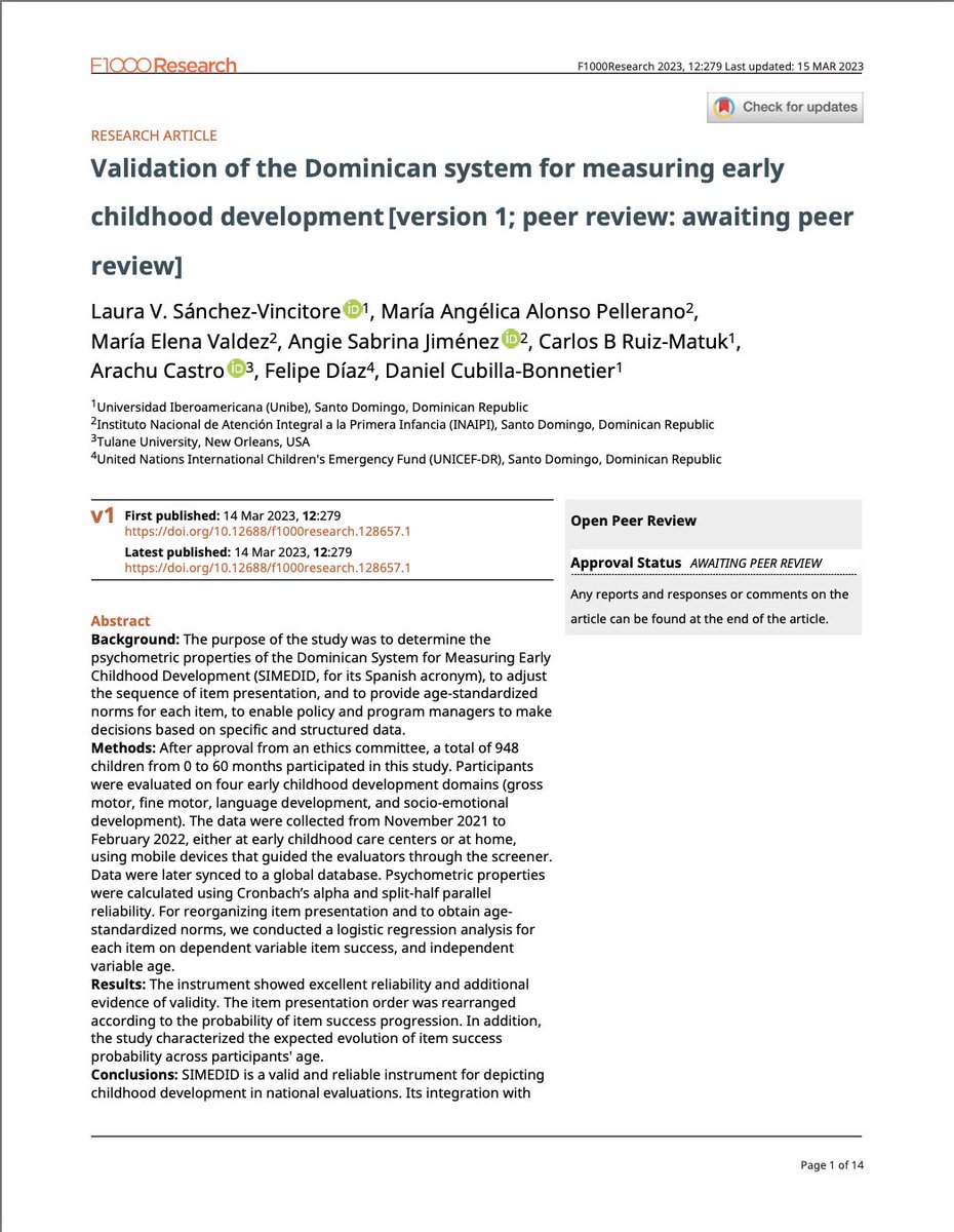 ¡Enhorabuena! 👩‍💻

Recientemente se publicó de manera oficial el artículo titulado “Validation of the Dominican System for Measuring Early Childhood Development” en la revista indexada e internacional F1000Research. 🫶🙌🏻👏