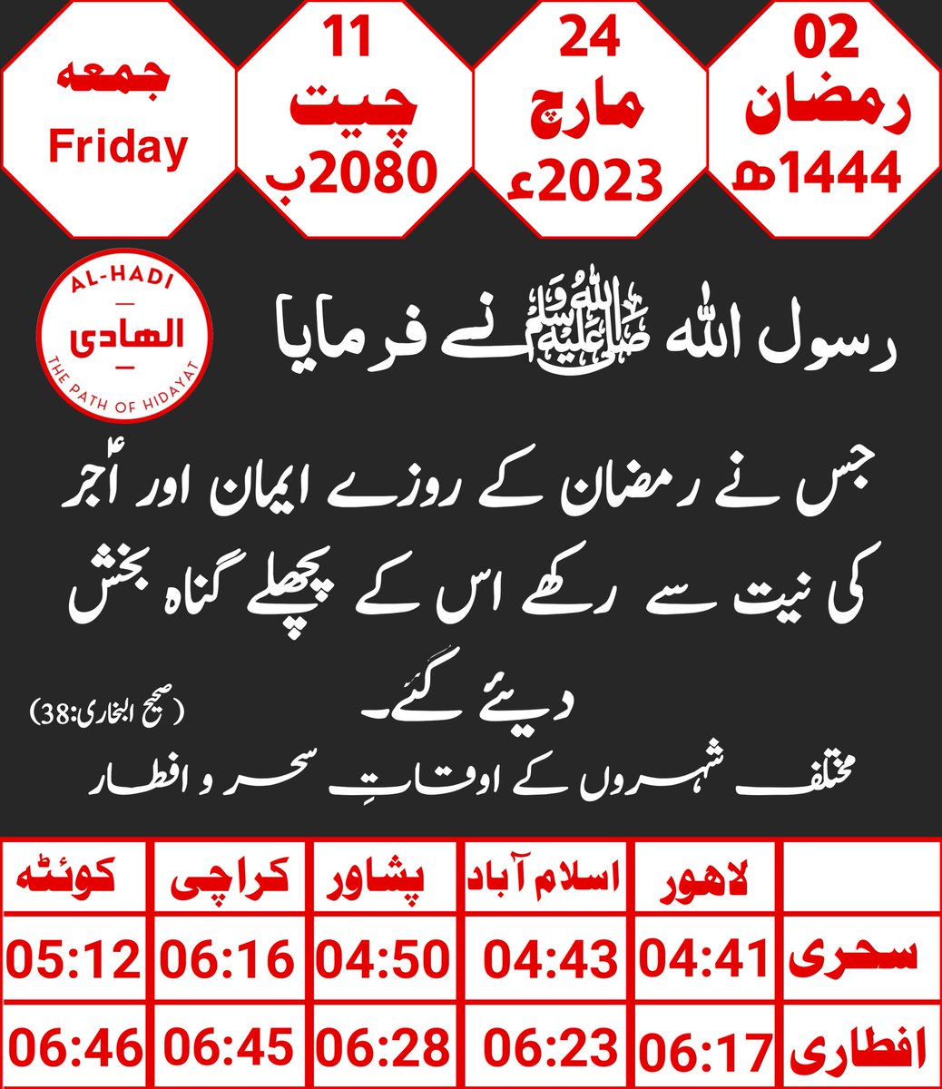 Al_hadioffical's tweet photo. ❣️ صحیح حدیث نبوی ﷺ ❣️

(صحیح البخاری:38)

مختلف شہروں کے اوقاتِ سحر و افطار

#Al_Hadi
#الھادی
#DailyHadees
#Ramadan
#مبارك_عليكم_الشهر https://t.co/f8NAMZG08R