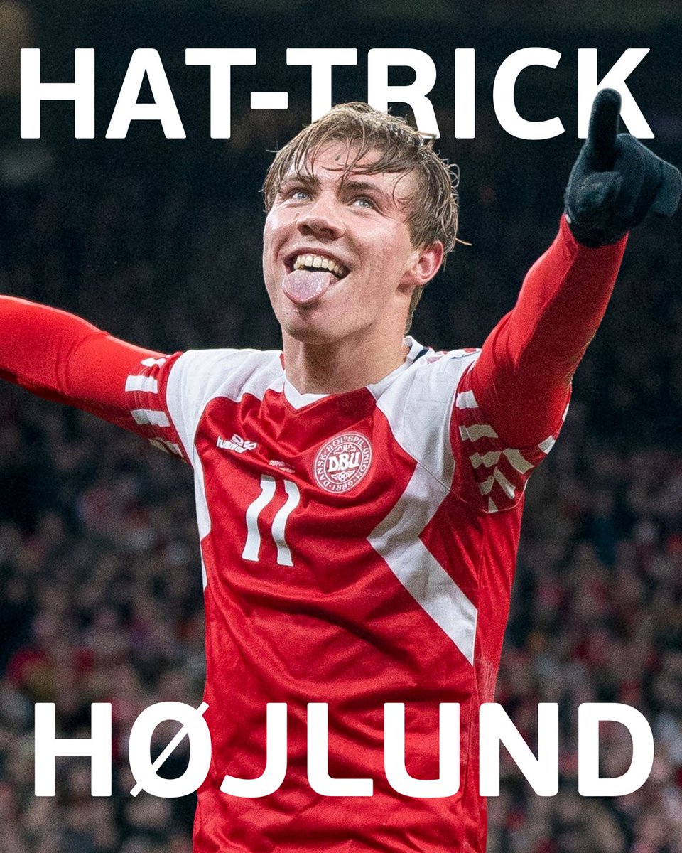 UEFAEURO's tweet photo. ⚽⚽⚽ Remember the name... 

...Rasmus Højlund hit a HAT-TRICK on his first Denmark start 🙌

#EURO2024 @dbulandshold https://t.co/4FTf6fpbYm