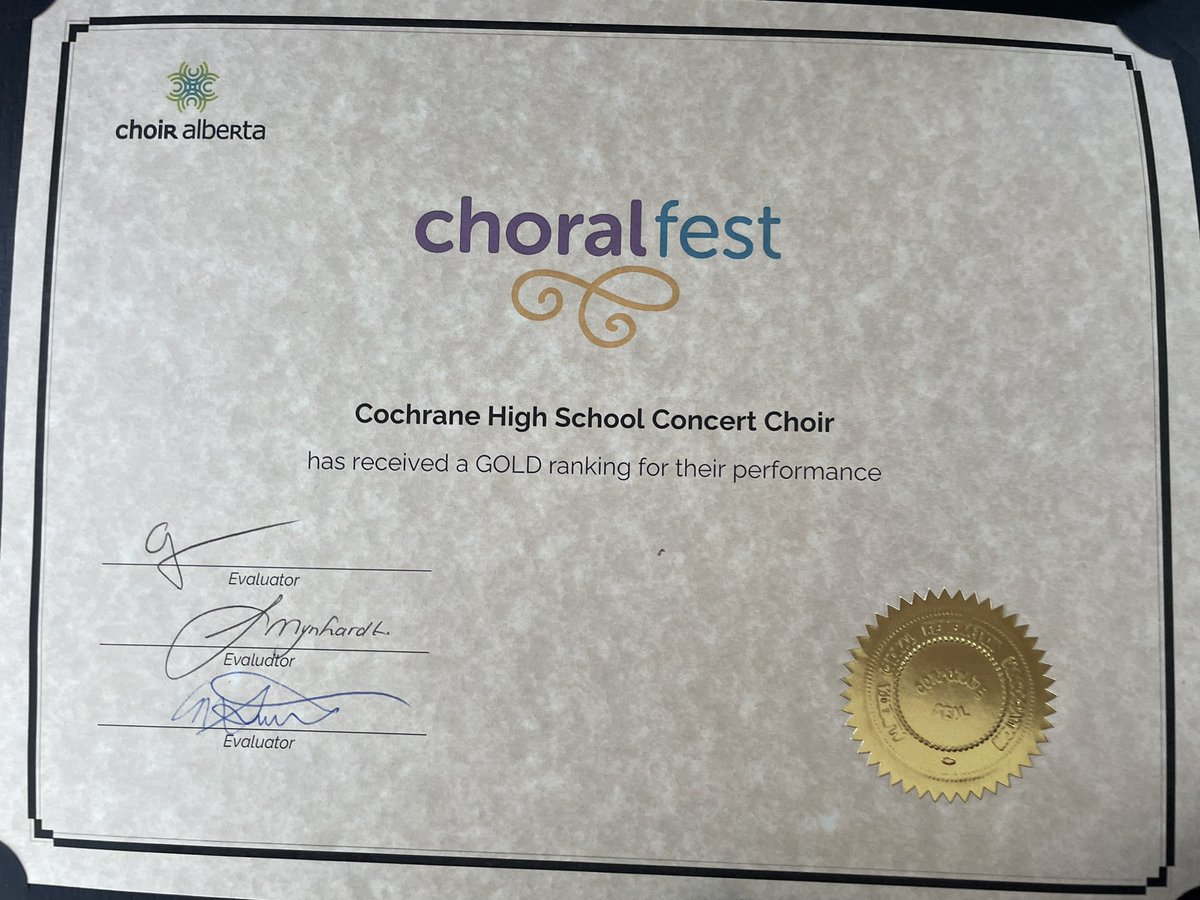 JanderTalen's tweet photo. Wooohoooo @cochrane_high Concert Choir! Gold rating at Choral Fest! Well done up there today, Iโm beaming. ๐ #RVSEd #singingisgoodforthesoul https://t.co/hhssNEWyS5