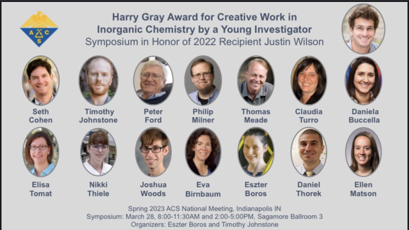 e_boros's tweet photo. #ACSSpring2023 award symposium alert! Celebrating @JWilsonLab with awesome talks by @seth_cohen_lab @RunOfThePhill @BuccellaGroup @elisatomat @MatsonLab #NikkiThiele @ORNLIsotopes #PeterFord @LosAlamosNatLab #EvaBirnbaum #DanThorek #ClaudiaTurro #TomMeade https://t.co/T5lmCY4vY3
