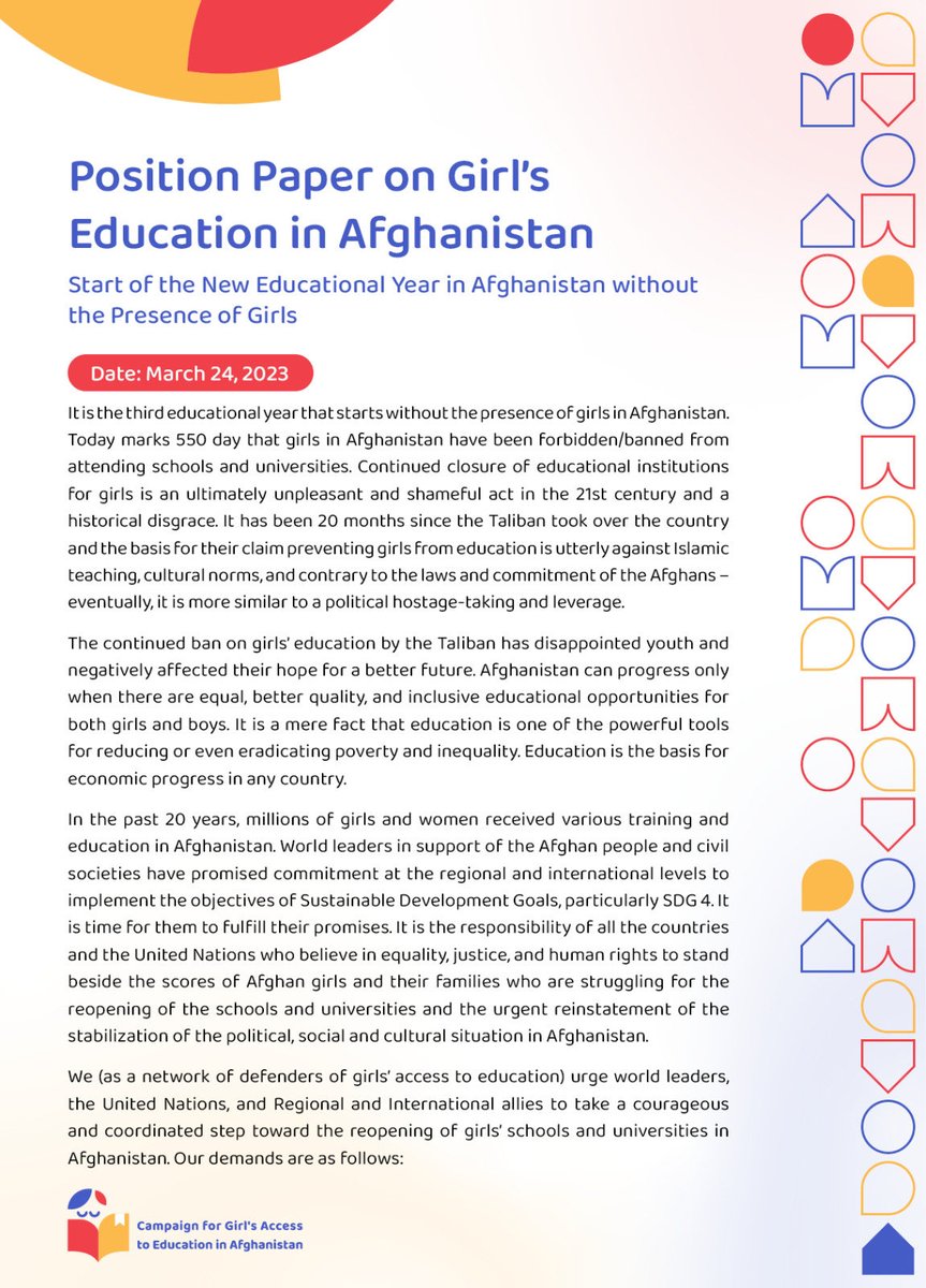 ZiauddinY's tweet photo. DAY: 550:🇦🇫

“Continued closer of educational institutions for girls is an ultimately unpleasant &amp; shameful act in the 21st century &amp; a historical disgrace.” -Campaign For Girls Access To Education in Afghanistan.
(Position Paper on Girls Education in 🇦🇫) #LetAfghanGirlsLearn 1/2 https://t.co/x4sAdx1Ujq