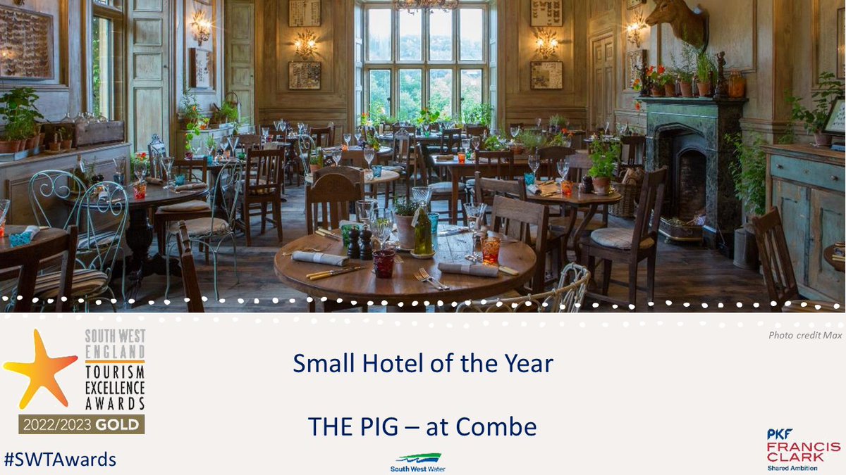 Winners of Gold in the @pkfFrancisClark #SmallHotel of the Year category, it’s a huge well done to @The_PIG_Hotel at #Combe in #Devon. #SWTAwards