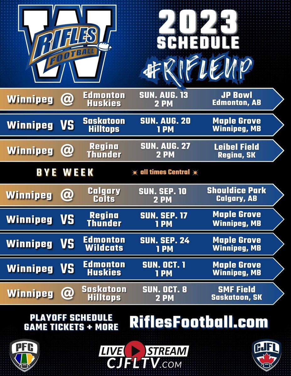 fbmanitoba's tweet image. The CJFL schedule has been released! Plenty of chances to come check out @RiflesFootball in action. 

Stay tuned for the WWCFL schedule, coming soon.