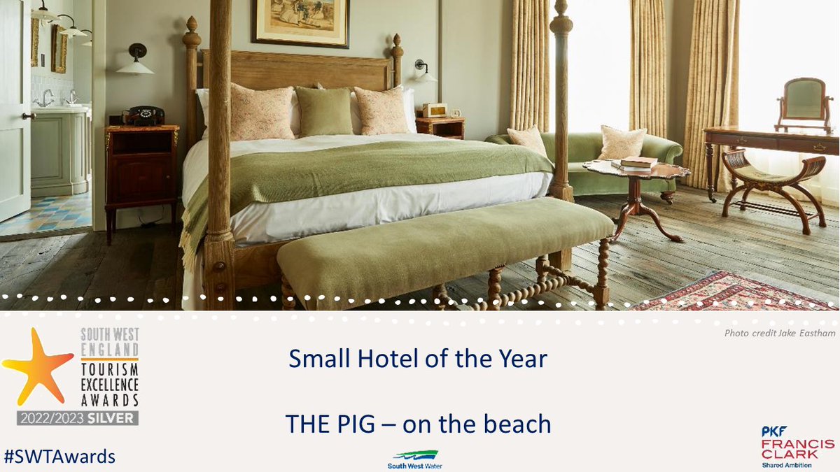 swtourismawards's tweet photo. Two Silver awards in the @pkfFrancisClark #SmallHotel category next – well done to @bishopstrow and also @The_Pig_Hotel #PIGontheBeach in #Dorset https://t.co/SsJGG9g8HG