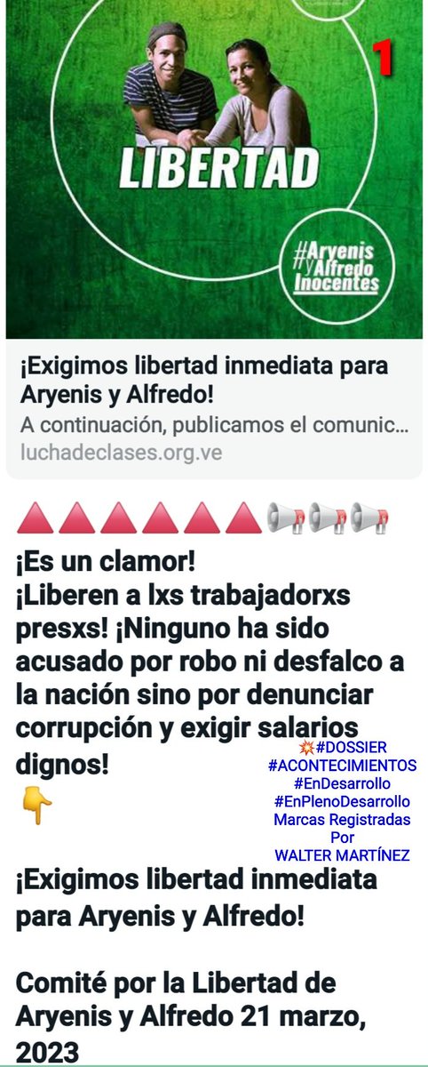 WalterDossier's tweet photo. EXIJO LIBERTAD PLENA INMEDIATA DE LOS JÓVENES INGENIEROS ALFREDO CHIRINOS Y ARYENIS TORREALBA VÍCTIMAS DE JUECES DE CONTROL DE JUICIO FISCALES CÚPULA DE .@PDVSA INMERSOS EN HECHOS DE CORRUPCIÓN DENUNCIADOS POR LOS INGENIEROS: SE USÓ EL SISTEMA DE JUSTICIA PARA ENTERRARLOS EN VIDA https://t.co/dex0HqhNb6