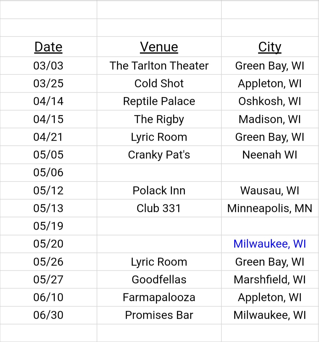 Alright it's not as fancy as our installation but the content is the same. Our last Appleton show for quite a while. At the cold shot.  9pm 21+ <a href="/Sweetalkband/">Sweetalk</a> Crucial Moves Floral Friday 633 W. Wisconsin Ave