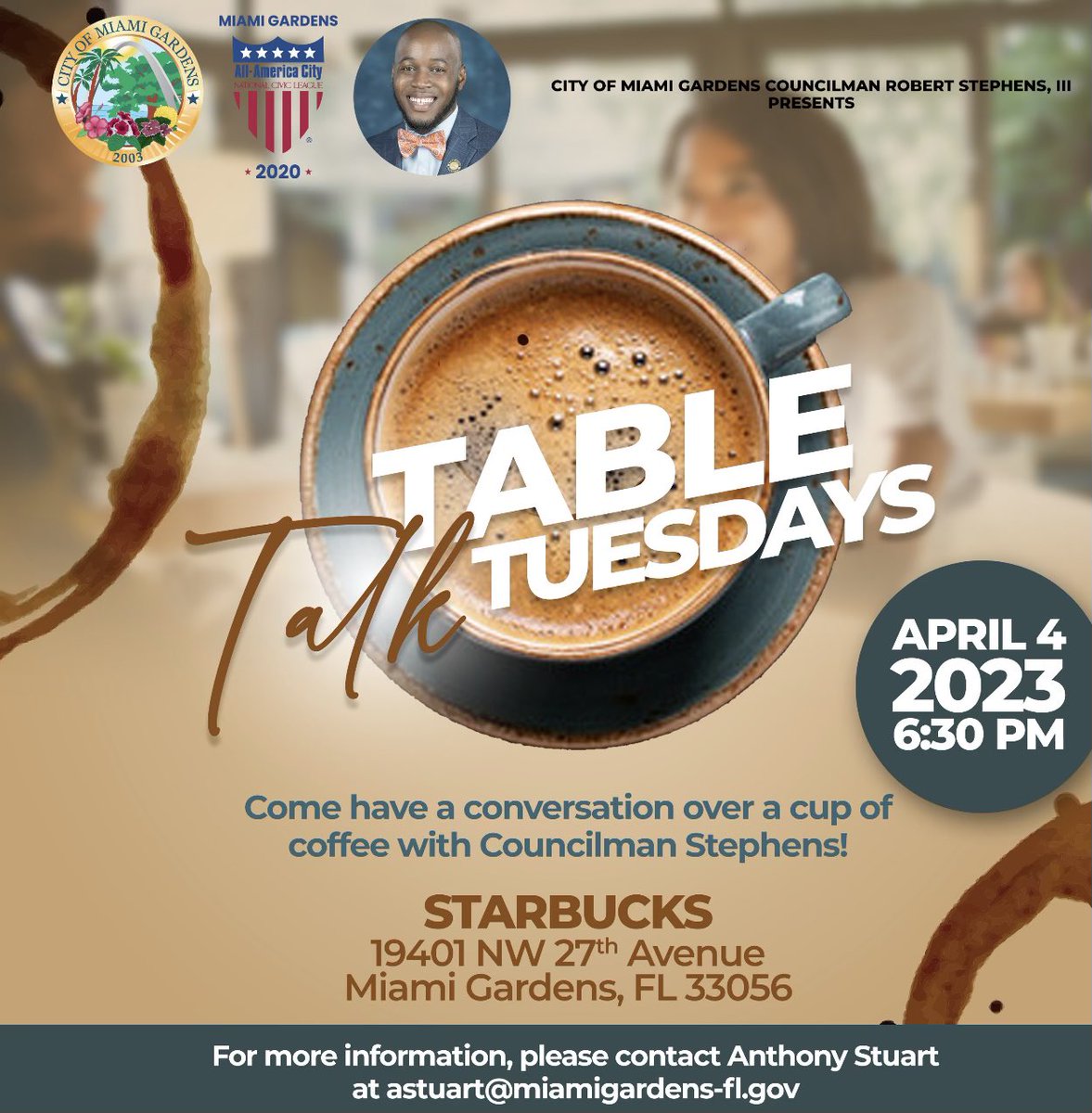 RLStephens3_'s tweet image. Get ready Miami Gardens! Join me for the next Table Talk Tuesday event at Starbucks where we'll brainstorm exciting ways to make our community even better! Let's grab some coffee, share ideas, and make a positive impact together! ☕️🤝🏾 #WeAreMiamiGardens #TableTalkTuesday