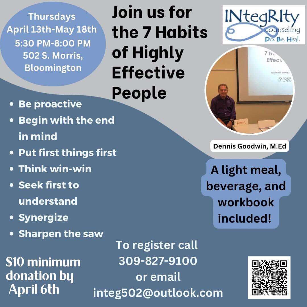DoBeHeal's tweet photo. 7 Habits of Highly Effective People! Thursdays, April 13th-May 18th!Minimum $10 contribution by April 6th to hold your spot and this goes towards the 7 Habits workbook &amp; a light meal! Call 309-827-9100
#7habits #stigmafree #mentalhealth #supportforall #dobeheal https://t.co/98RYWZoP7a