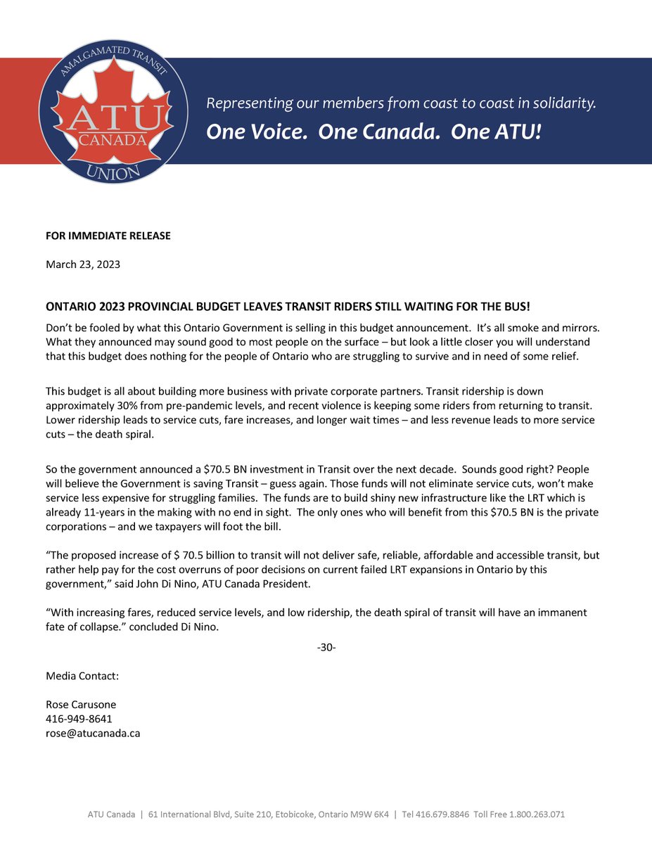 atu_canada's tweet photo. ONTARIO 2023 PROVINCIAL BUDGET LEAVES TRANSIT RIDERS STILL WAITING FOR THE BUS!
#SaveTransit #FundTransitOperations https://t.co/eU20ggNhcU