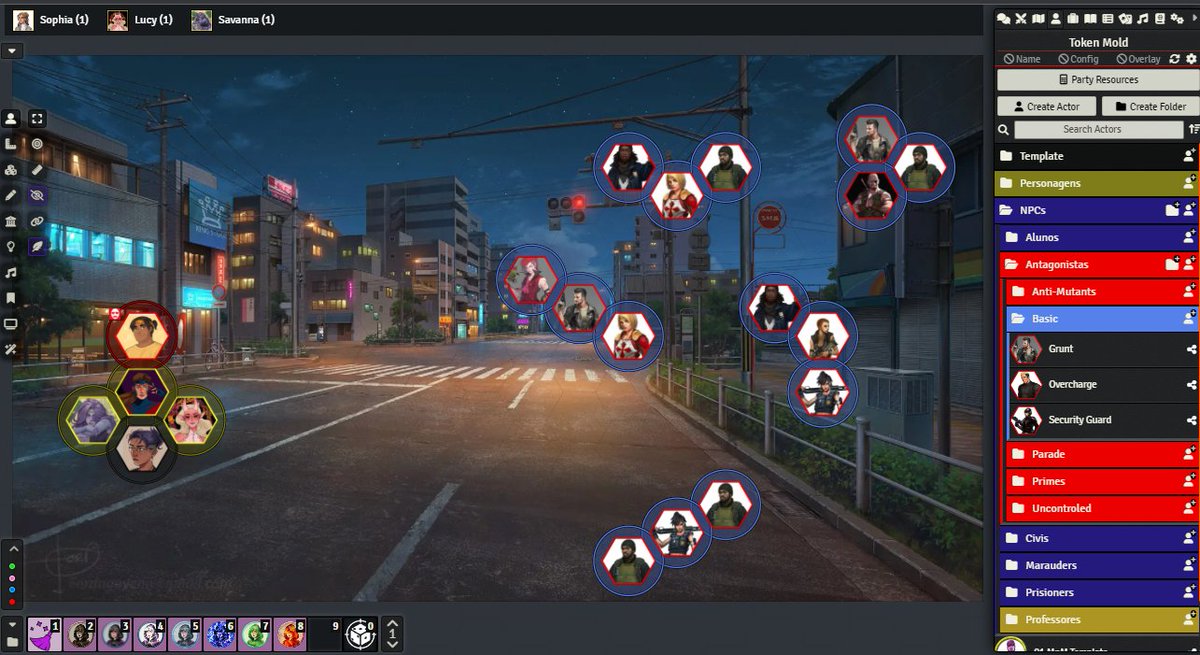 leandropug's tweet image. Mais uma sessão de Mutants &amp;amp; Mastermind no #FoundryVTT . Aqui da pra ver minhas pastas mil que uso para organizar as coisas da campanha. E uma gangue de minions para as heroínas socarem a porrada.

#rpg