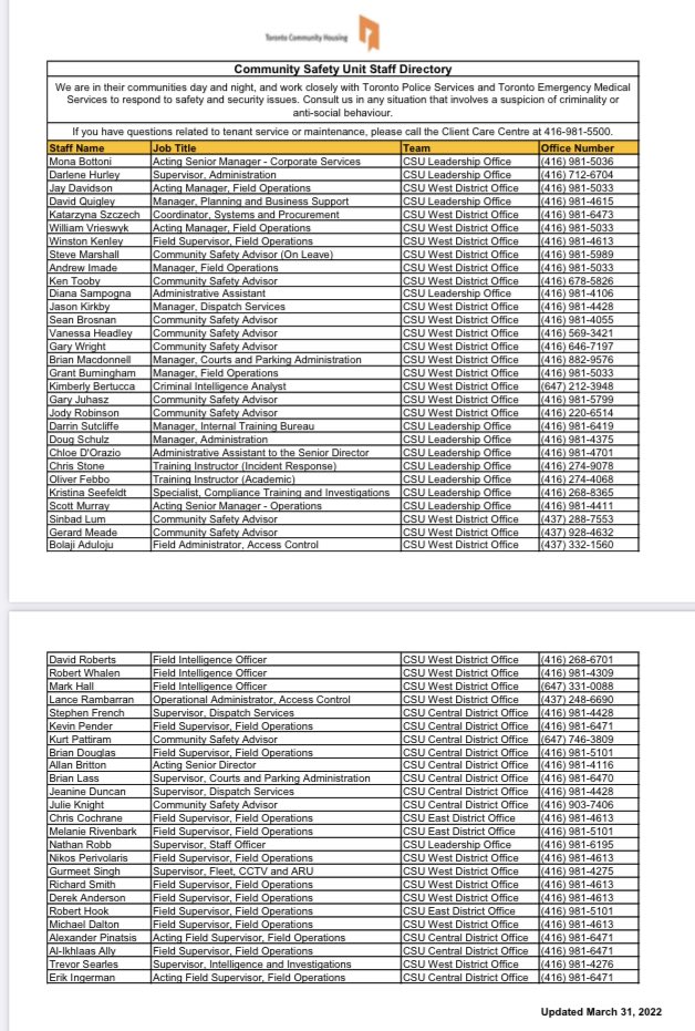 TOHousingON's tweet image. Feel unsafe and don&apos;t know who to contact? Here’s Toronto Community Housing Corporation’s (TCHC) staff directory for the Community Safety Unit. #tchc #tchcconnect #accessibleforall @TOHousing