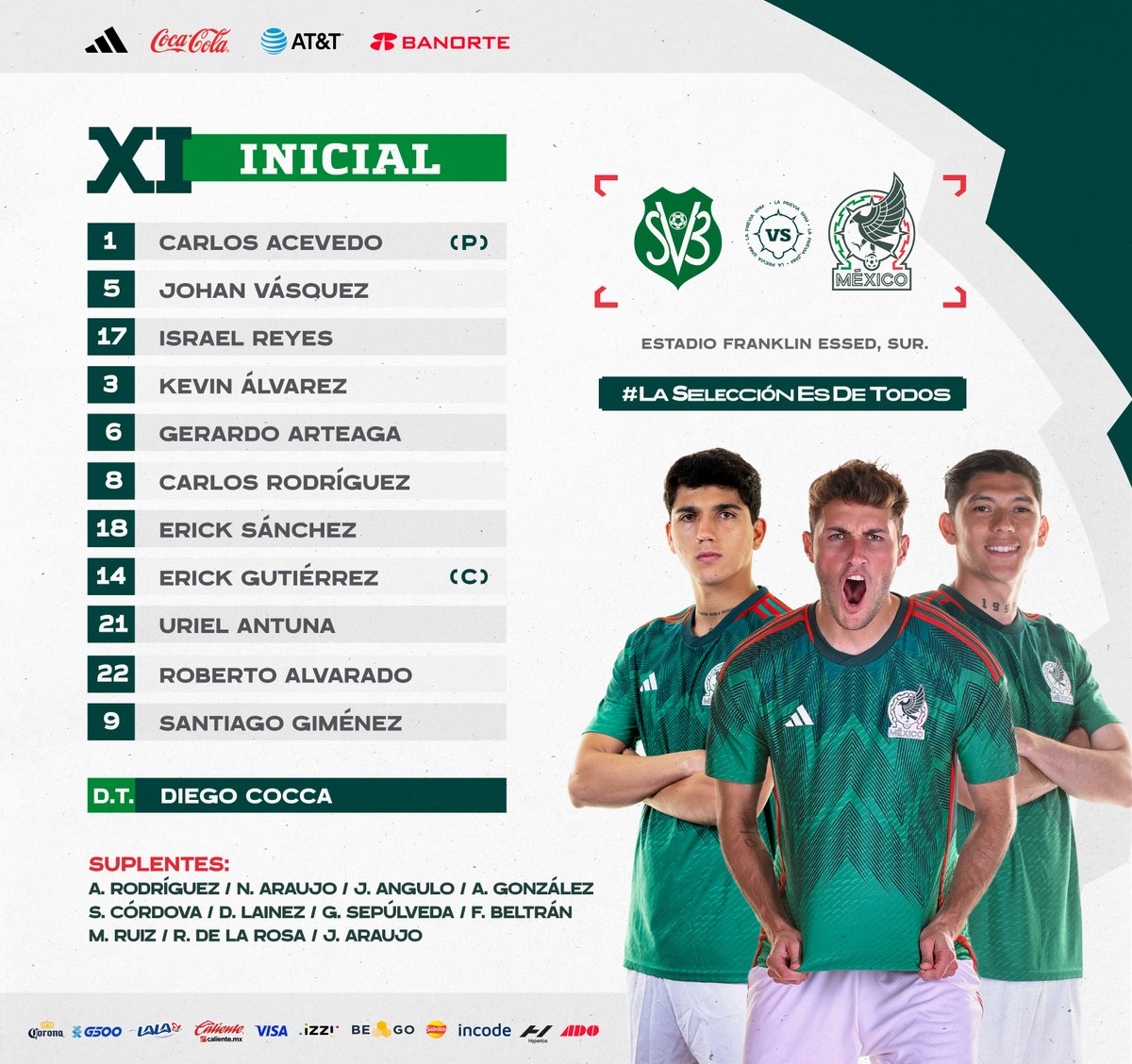 miseleccionmx's tweet image. Ellos nos representan en la cancha, alentemos hasta el último minuto, Incondicionales 💚⚽️.

🔥 Esta es la primera alineación de @Diegococca1 al mando de 🇲🇽 presentada por @adidasMX. 

#LaSelecciónEsDeTodos
