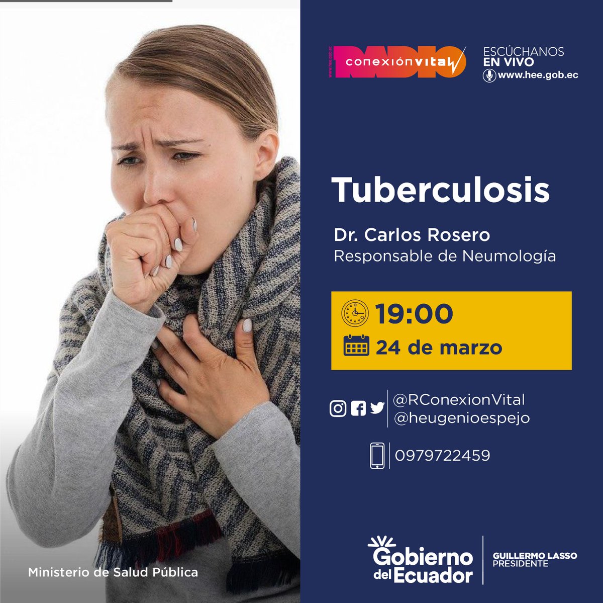 #Mañana | 👉 19:00 🎙️.
Te invitamos a escuchar "Radio Conexión Vital". 
Invitado: Dr. Carlos Rosero - Responsable de Neumología del <a href="/heugenioespejo/">Hospital de Especialidades Eugenio Espejo 🇪🇨</a>, tratará sobre "Tuberculosis".

Sintonízanos en: hee.gob.ec